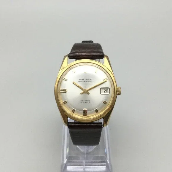 Vintage Waltham Mens Watch 34mm Self Winding Date Brown Leather Incabloc 17J
